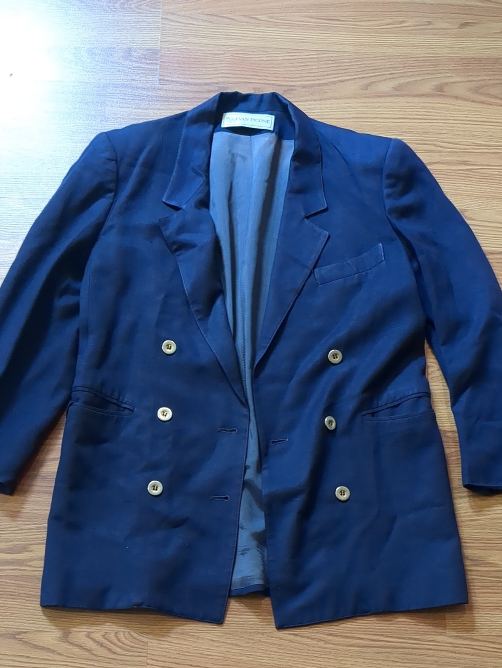 Vintage Evan Picone Navy Blue Double Breasted 100% Raw Silk Power Blazer